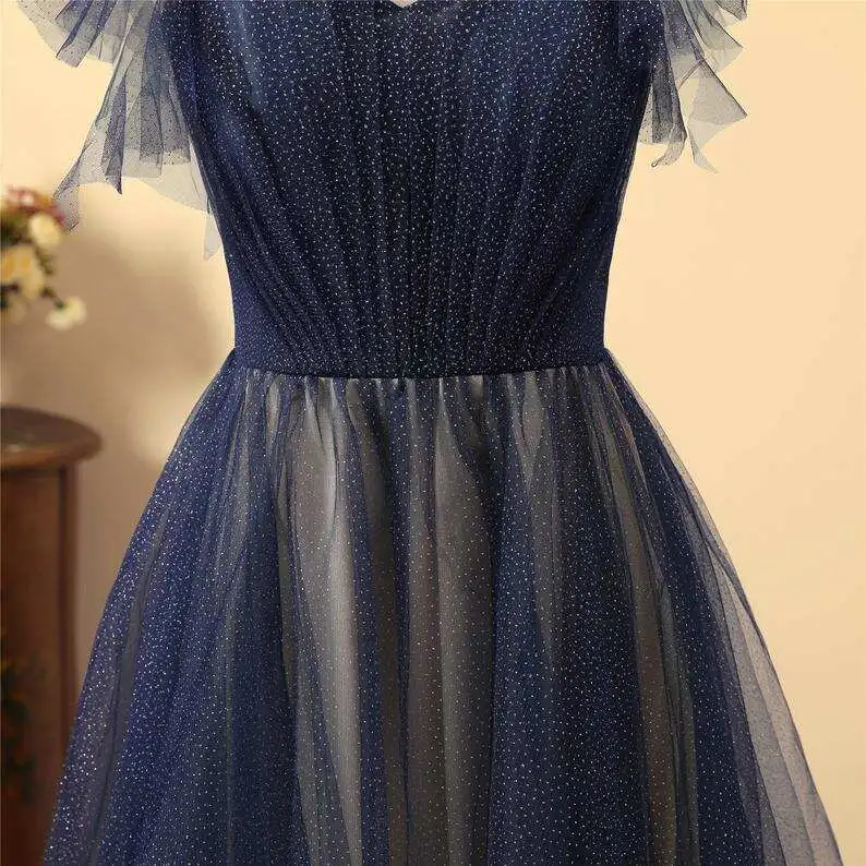 Robe de bal trapèze en tulle scintillant bleu marine nv612