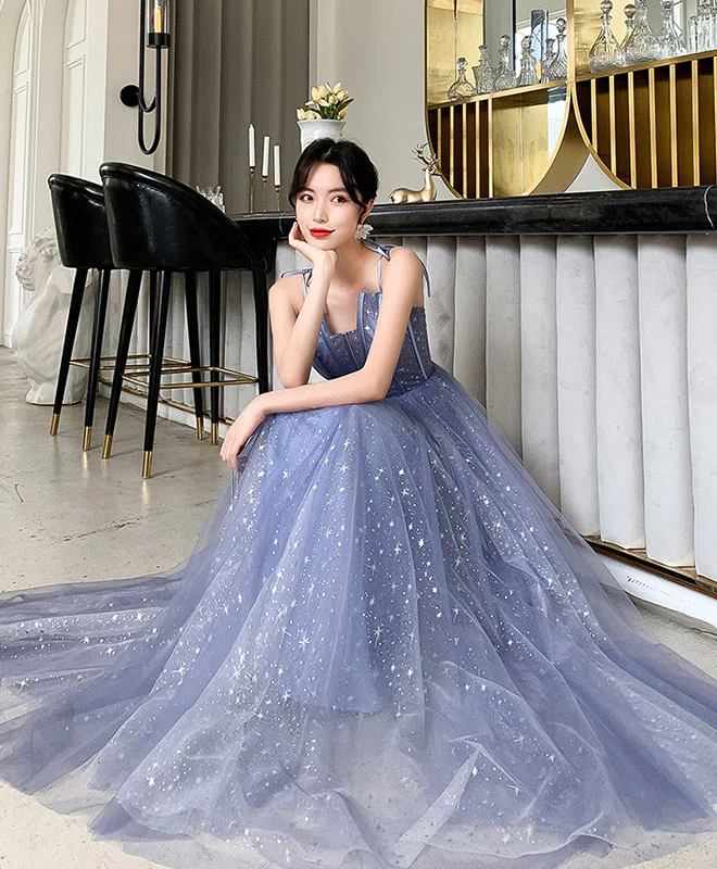 Robe de bal longue en tulle bleu, robe de soirée en tulle bleu nv598