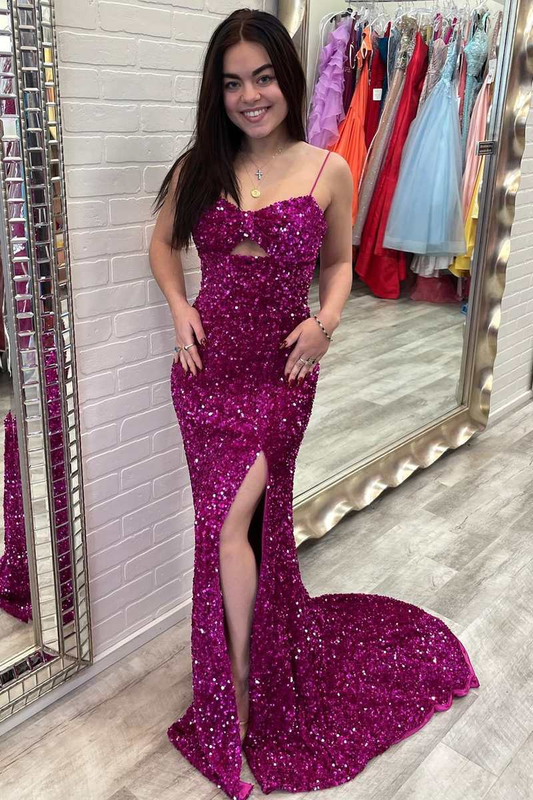 Fuchsia Pailletten Keyhole Meerjungfrau langes Ballkleid mit Schlitz nv805