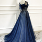 Blaues langes Tüll-Ballkleid mit Perlen, blaues Abendkleid nv606