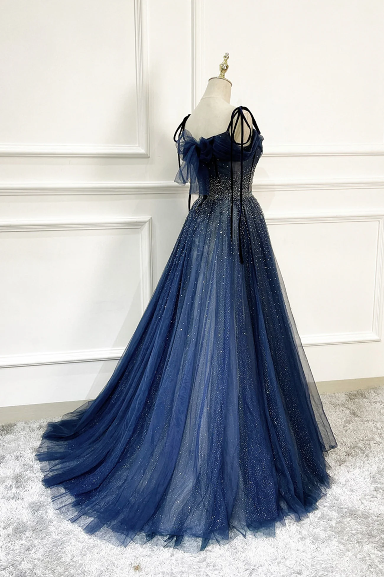 Blaues langes Tüll-Ballkleid mit Perlen, blaues Abendkleid nv606