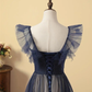 Robe de bal trapèze en tulle scintillant bleu marine nv612