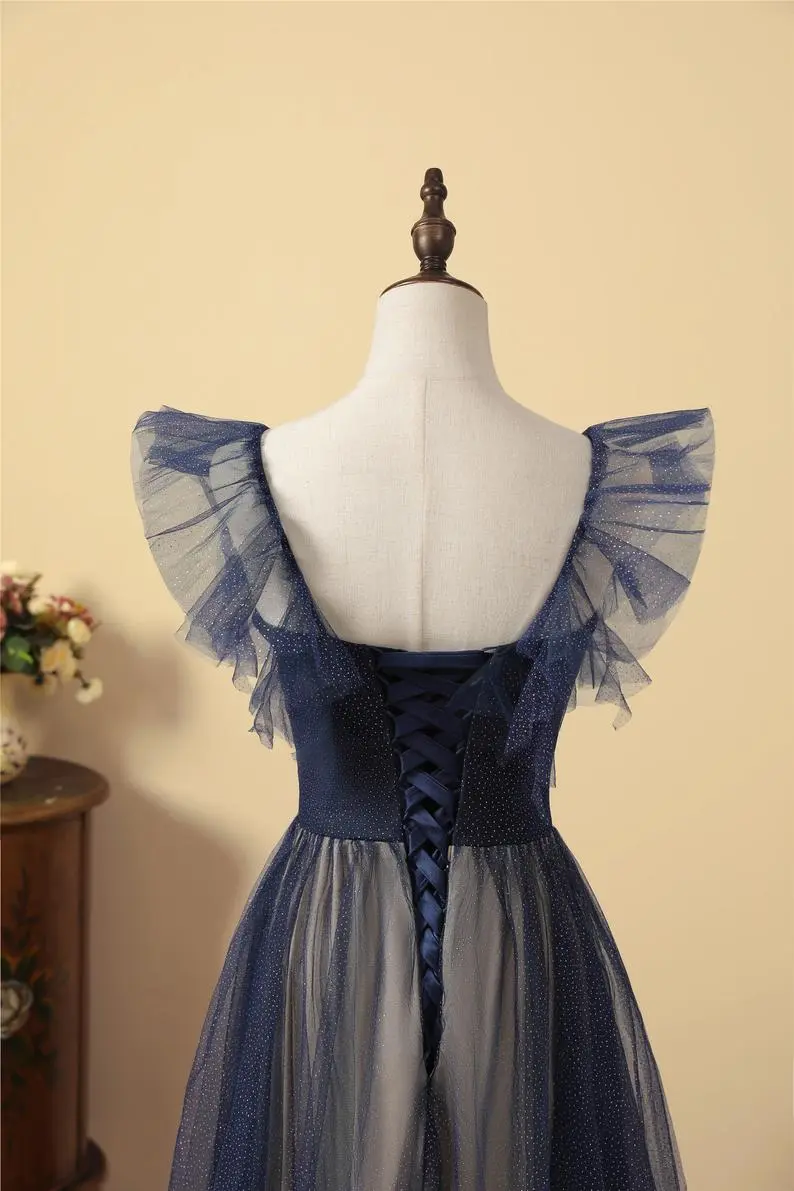 Robe de bal trapèze en tulle scintillant bleu marine nv612