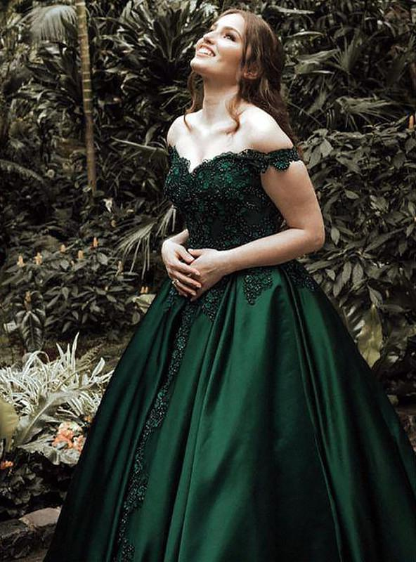 Classic Satin Dark Green Off Shoulder Sweetheart Ball Dresses nv766