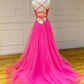 A-Linie, V-Ausschnitt, langes pinkes Ballkleid, V-Ausschnitt, langes pinkes Abendkleid nv778