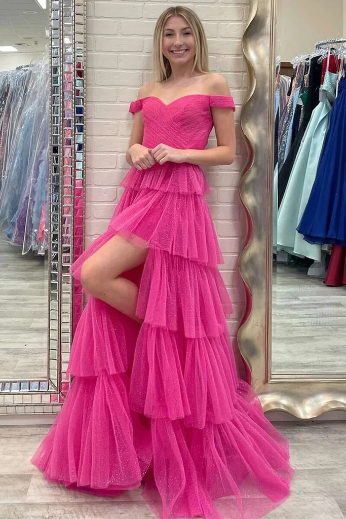Shiny Tulle Tiered Prom Dress With Slit, Off Shoulder Formal Evening Dresses nv782