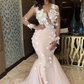 Ballkleid mit Meerjungfrauen-Spitze und Applikationen, V-Ausschnitt, Abendkleid, nv872