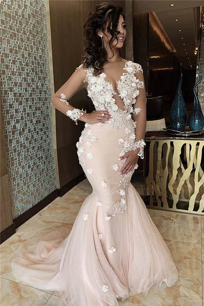 Ballkleid mit Meerjungfrauen-Spitze und Applikationen, V-Ausschnitt, Abendkleid, nv872