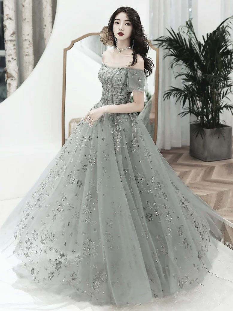 Graues schulterfreies A-Linien-Tüll mit Spitze, langes Partykleid, graues Abendkleid, Ballkleid nv593