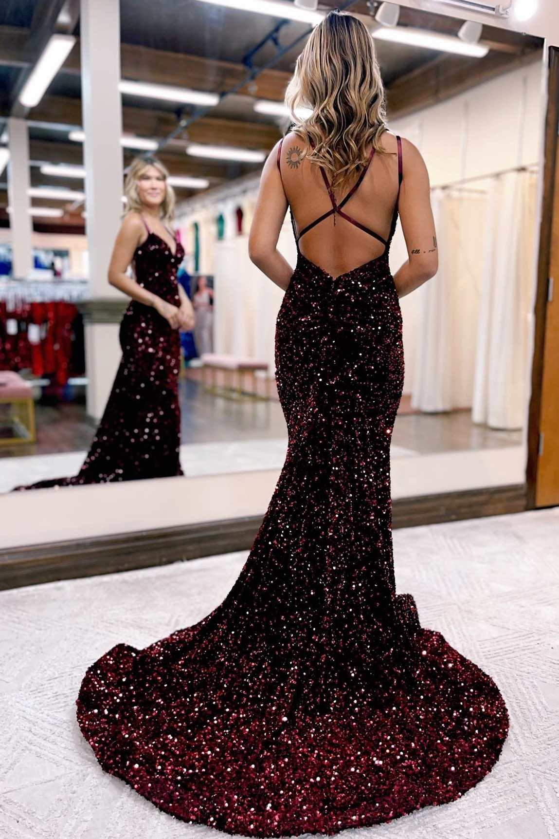 Robe de bal longue sirène bleue irisée à col en V et dos croisé nv761