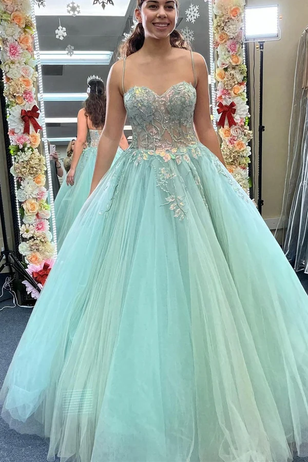 Robe de bal longue en tulle et dentelle vert menthe à col en cœur, robe de soirée en dentelle vert menthe nv810
