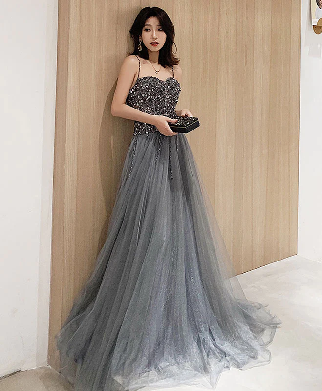 Robe de bal longue en tulle gris à sequins Robe de soirée en tulle gris nv883