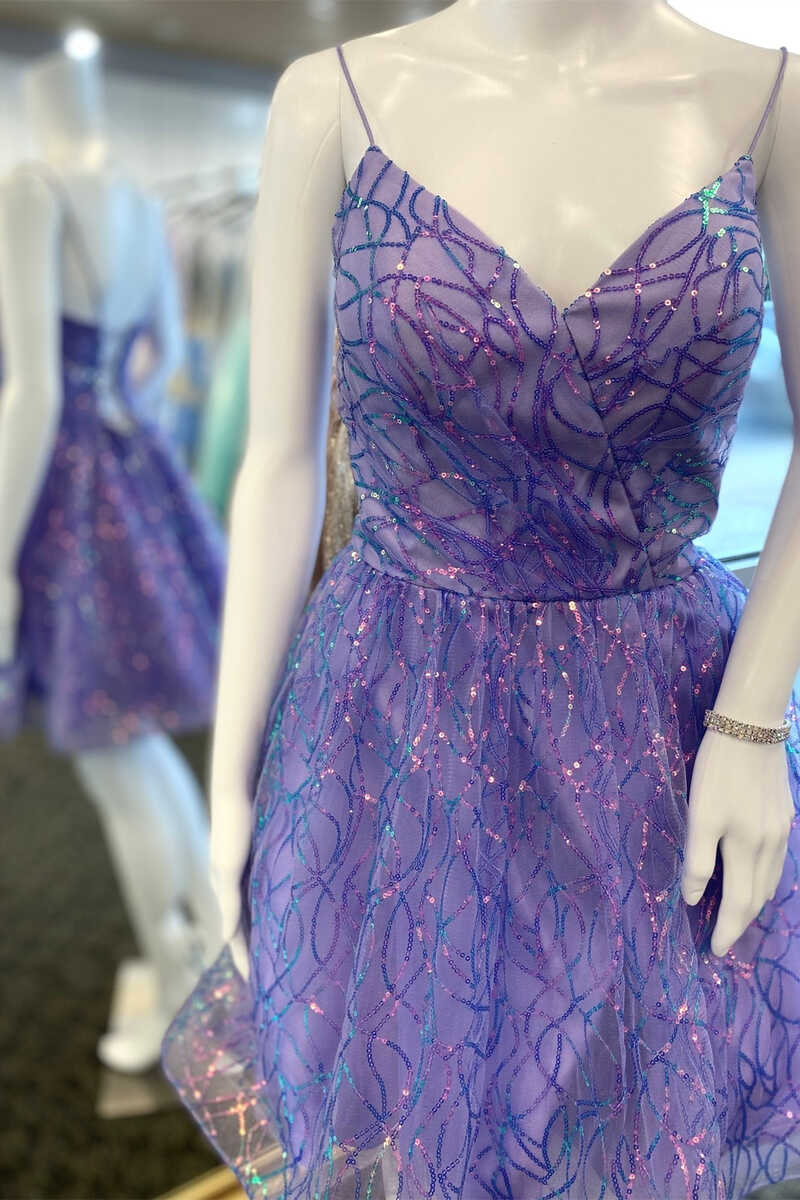 Glitzerndes, lavendelfarbenes A-Linien-Mini-Homecoming-Kleid mit Schnürung, nv801