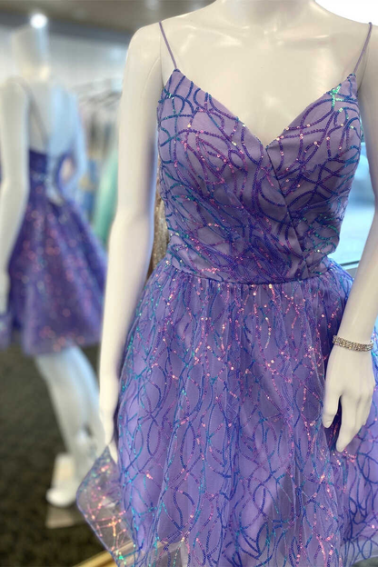 Glitzerndes, lavendelfarbenes A-Linien-Mini-Homecoming-Kleid mit Schnürung, nv801
