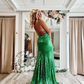 Robe de bal sirène mignonne à col en V et paillettes vertes avec appliques nv784