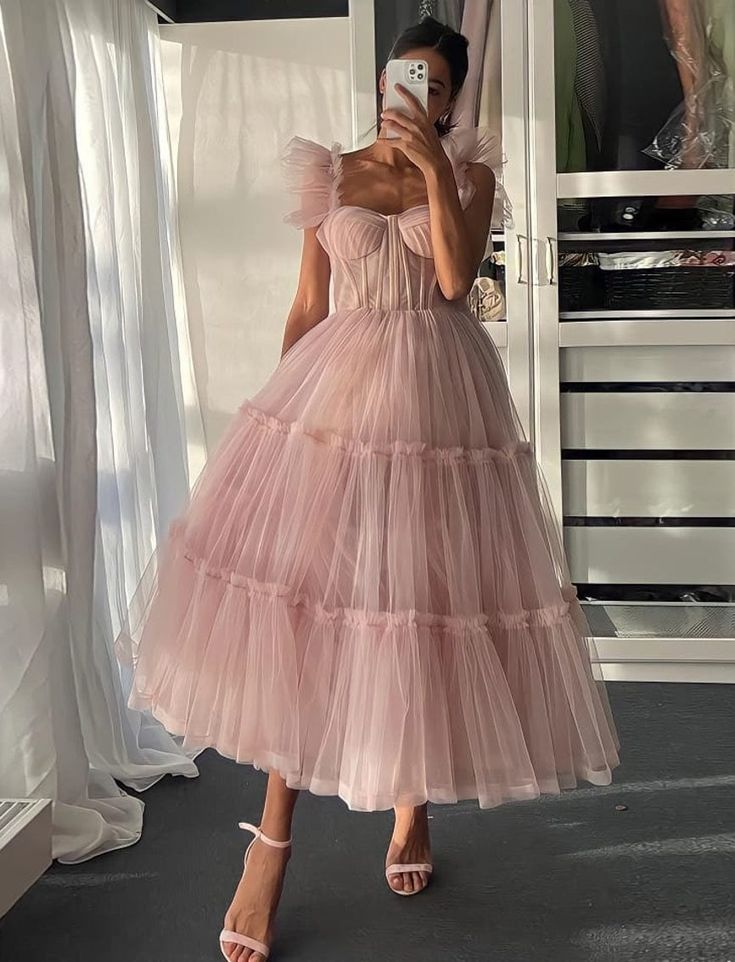Tüllkleid mit Rüschenärmeln, A-Linien-Rock mit Rüschen, Brautjungfern-Partykleid, Abschlusskleid, Hochzeitspartykleid, Tüllkorsettkleid nv780