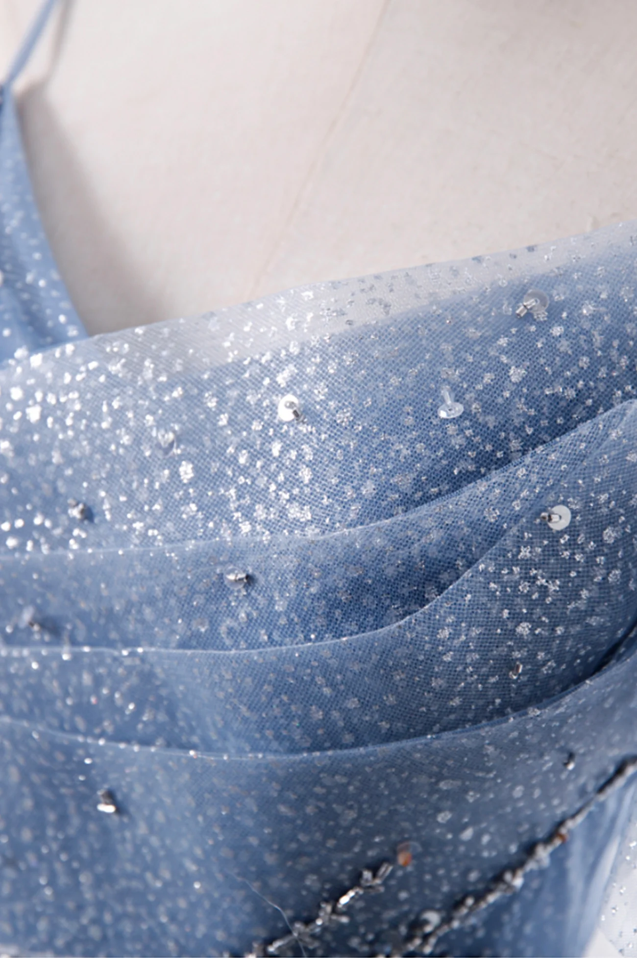Blue Tulle Long A-Line Prom Dresses, Blue Spaghetti Strap Evening Dresses nv876