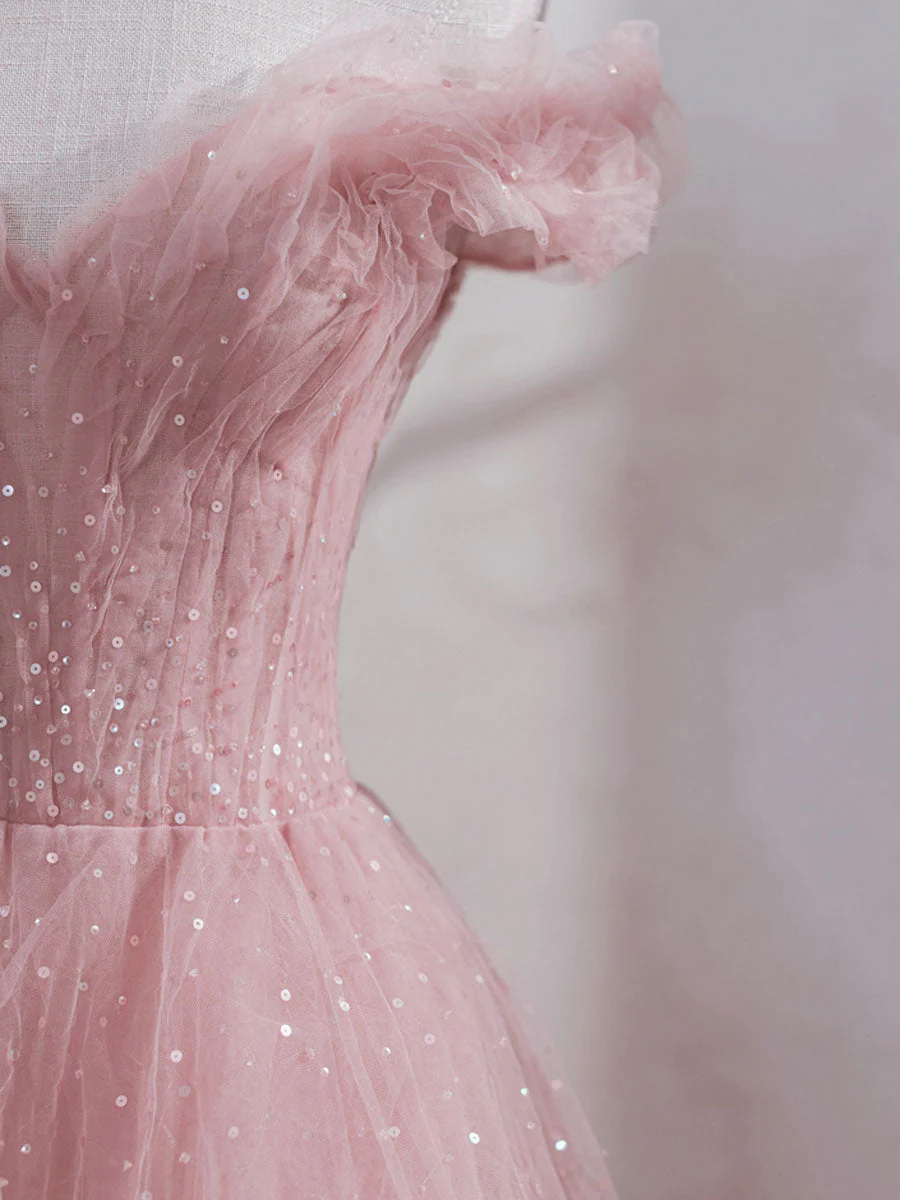 Rosa schulterfreies Tüll-Ballkleid in Teelänge, rosa Tüll-Hochzeits-Partykleider nv885