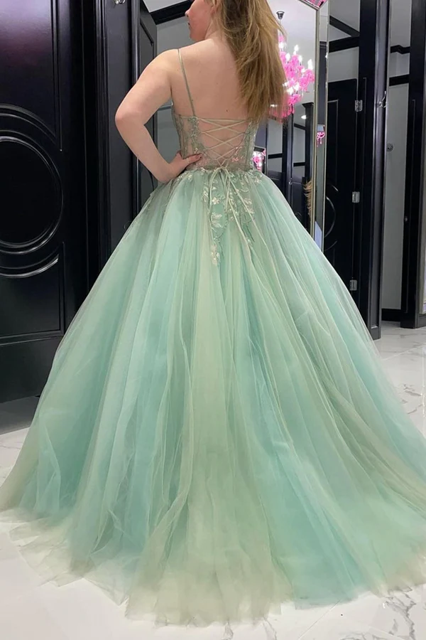 Robe de bal longue en tulle et dentelle vert menthe à col en cœur, robe de soirée en dentelle vert menthe nv810