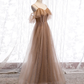 Champagner Tüll Pailletten langes Ballkleid Champagner Abendkleid nv880