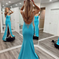 Süßes Meerjungfrau-Ballkleid mit V-Ausschnitt und Schlitz aus blauem Satin, lang, nv755