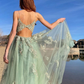 Robe de bal longue en tulle vert et dentelle, robe de soirée en tulle vert et dentelle nv809