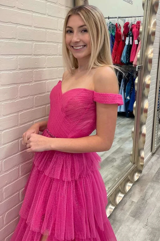 Shiny Tulle Tiered Prom Dress With Slit, Off Shoulder Formal Evening Dresses nv782