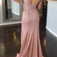 Träger V-Ausschnitt Etui Maxi Ballkleid mit Schlitz Fuchsia Silber Abendkleid nv806