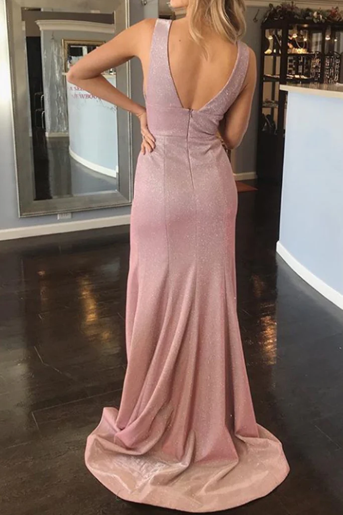 Träger V-Ausschnitt Etui Maxi Ballkleid mit Schlitz Fuchsia Silber Abendkleid nv806