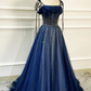 Blaues langes Tüll-Ballkleid mit Perlen, blaues Abendkleid nv606