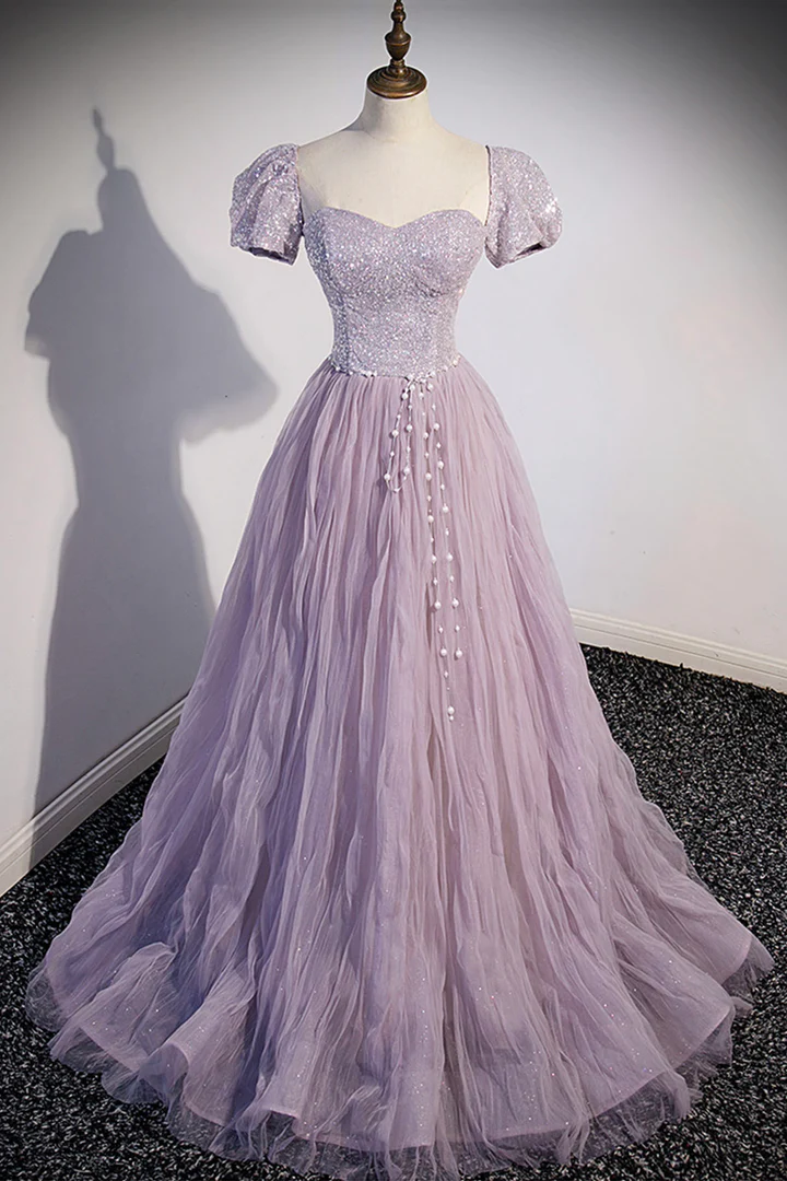 Robe de soirée trapèze en tulle violet à paillettes, longueur au sol, nv889