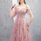 Robe de bal longue en tulle et dentelle rose coupe A Robe de soirée en dentelle rose nv861