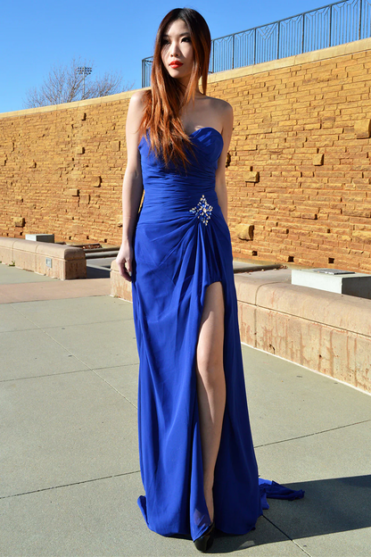 A-Linie Herzförmiger Chiffon-Ballkleid mit Bodenlänge und Schlitz vorn, Strasssteinen, nv758