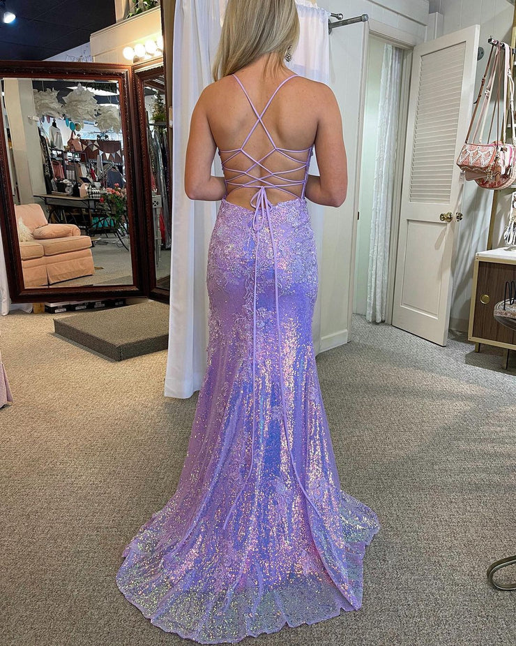 Robe de bal sirène mignonne à col en V et paillettes lavande avec fente nv797