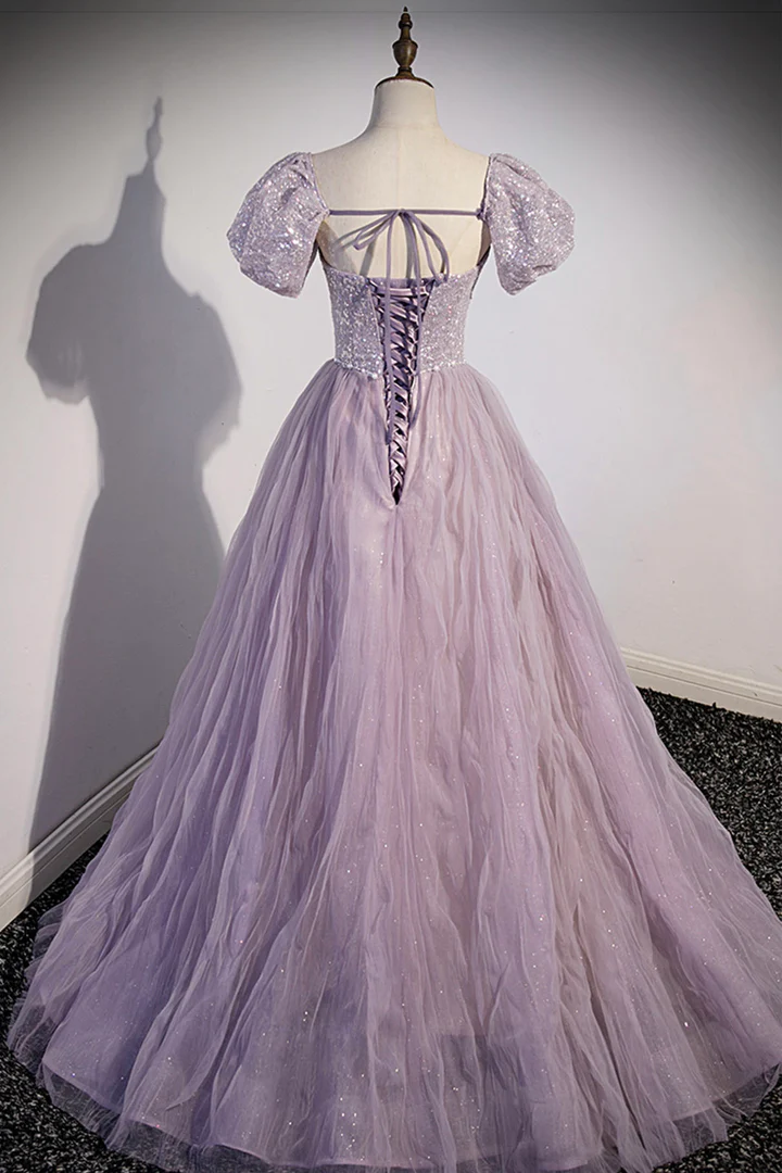 Robe de soirée trapèze en tulle violet à paillettes, longueur au sol, nv889