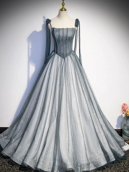 A-Linie, langes graues Ballkleid, formelles graues Tüll-Abschlusskleid mit Perlenbesatz nv895