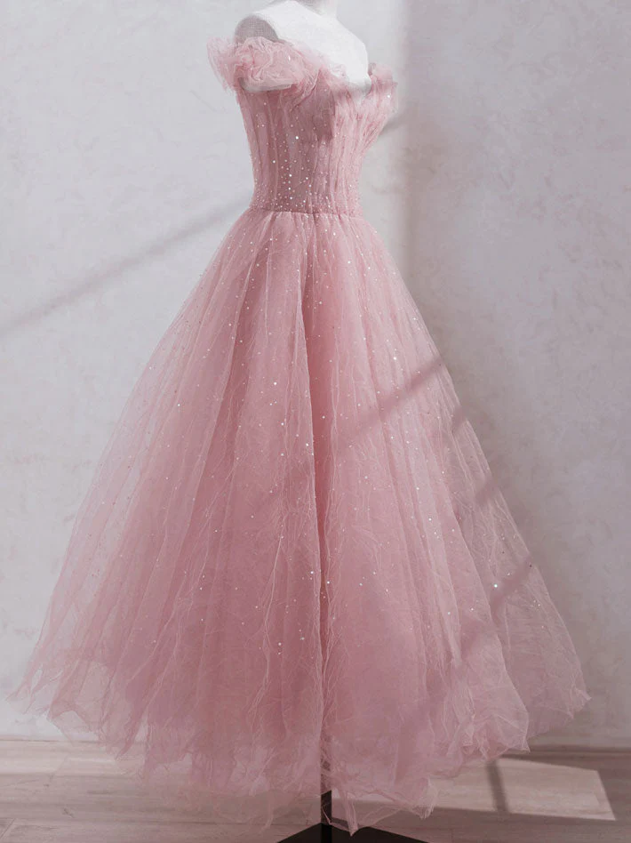 Rosa schulterfreies Tüll-Ballkleid in Teelänge, rosa Tüll-Hochzeits-Partykleider nv885