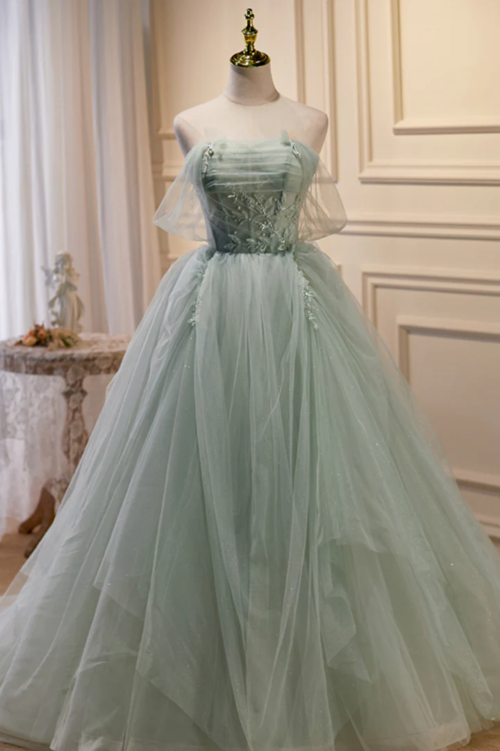 Robe de soirée à épaules dénudées en tulle vert avec perles, robe verte Sweet 16 nv891