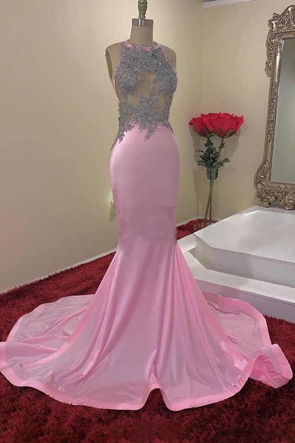 Illusion Top Appliques Halter Mermaid Long Formal Evening Gowns Prom Dresses nv921