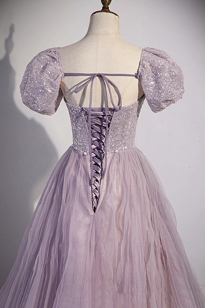 Robe de soirée trapèze en tulle violet à paillettes, longueur au sol, nv889