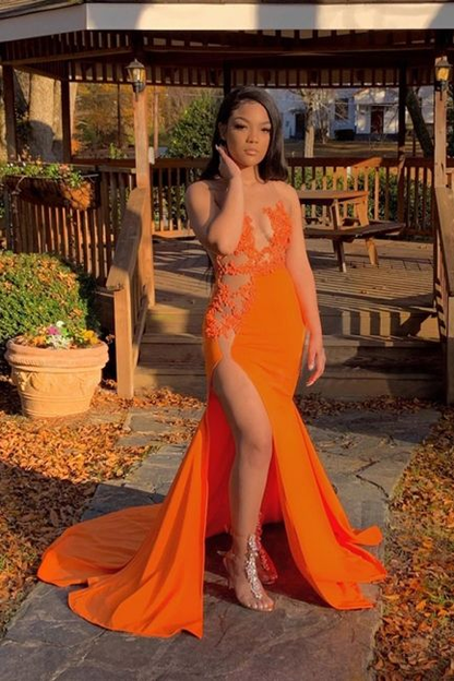 Robe de bal sirène orange à appliques transparentes sans manches avec fente latérale nv945