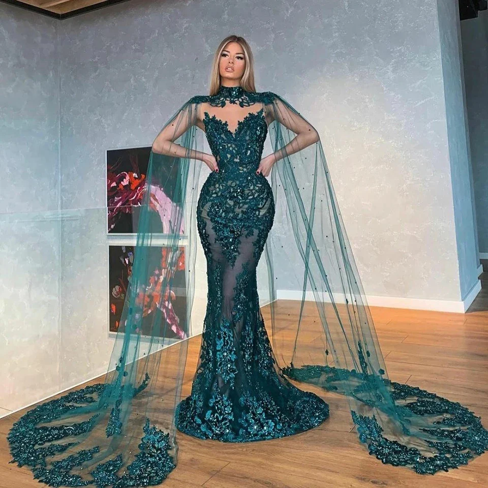 New Two Pieces Mermaid Evening Dresses with Cape Dark Green Lace Prom Gown Long Formal Party Dress  nv938