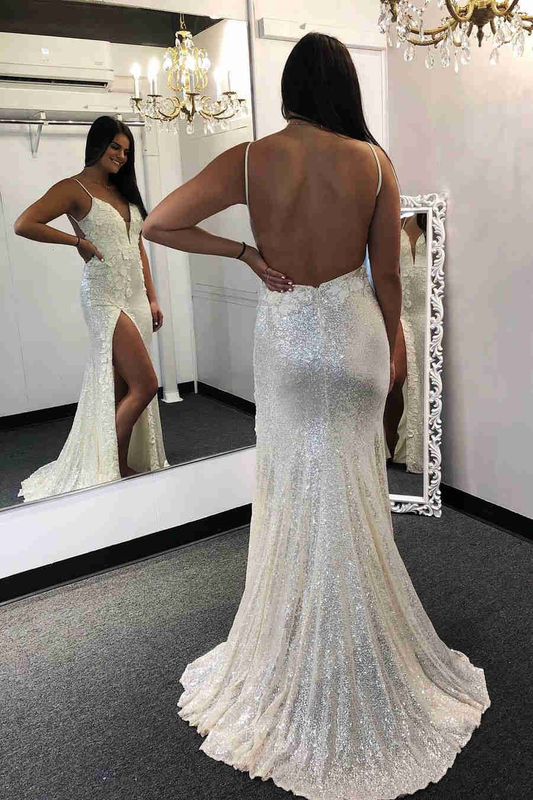 Robe de bal blanche à paillettes et dos nu avec fente nv985