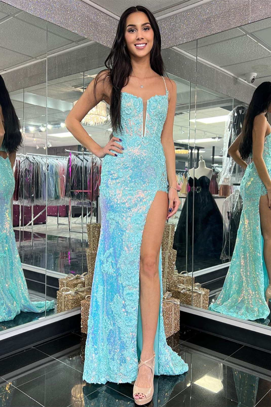 Robe de bal longue bleu clair à décolleté plongeant et appliques à paillettes avec fente nv960