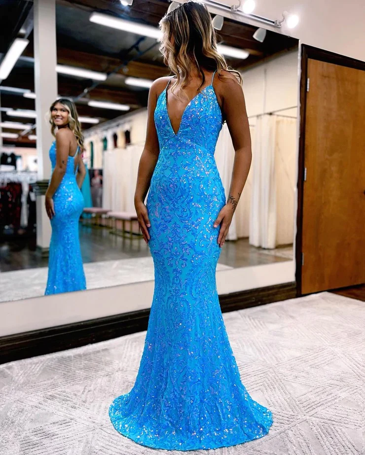 Robe de bal sirène scintillante à paillettes bleues et col en V nv953
