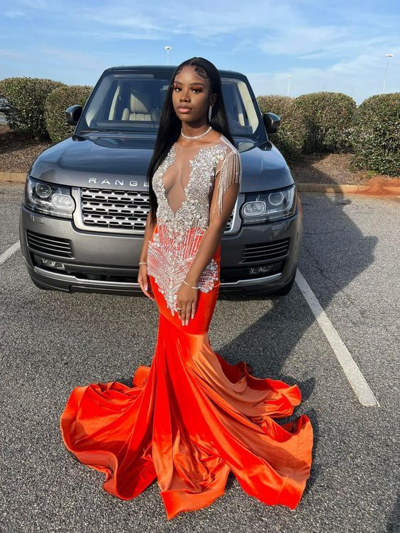 Meerjungfrau Langes Orange Ballkleid Partykleid nv929