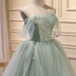 Robe de soirée à épaules dénudées en tulle vert avec perles, robe verte Sweet 16 nv891