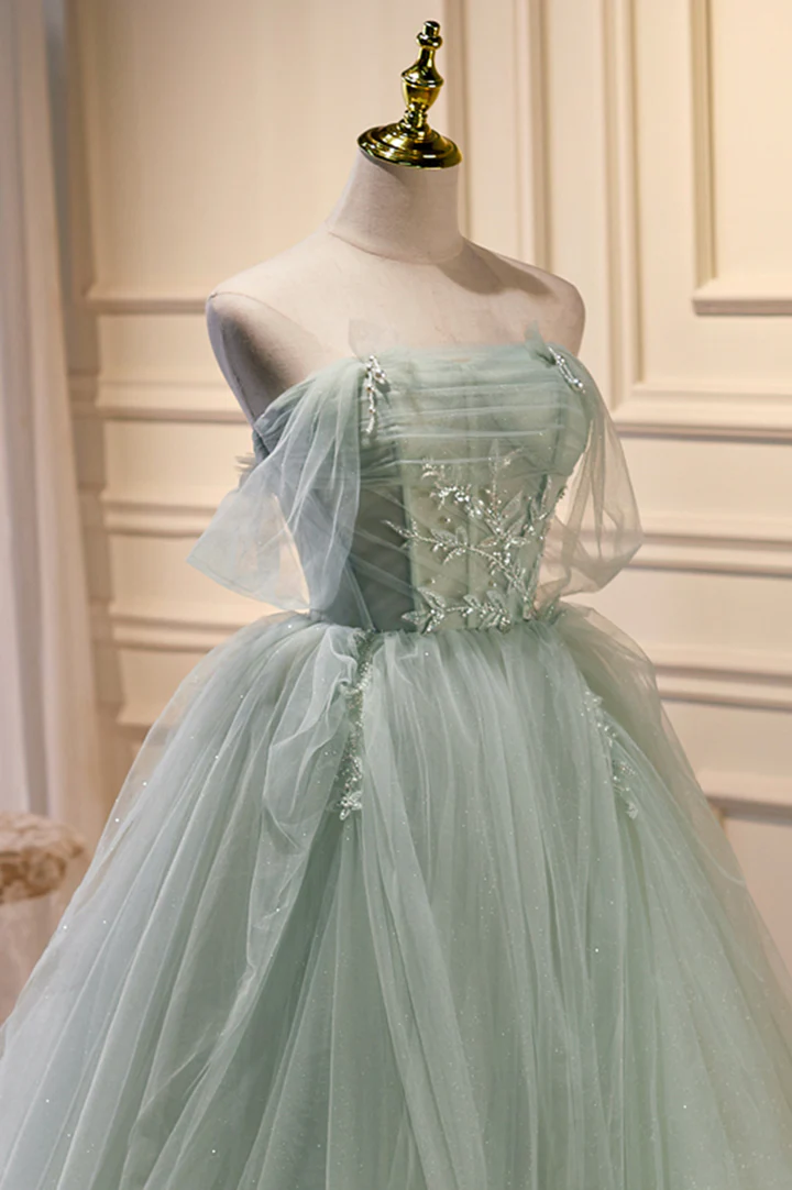 Robe de soirée à épaules dénudées en tulle vert avec perles, robe verte Sweet 16 nv891
