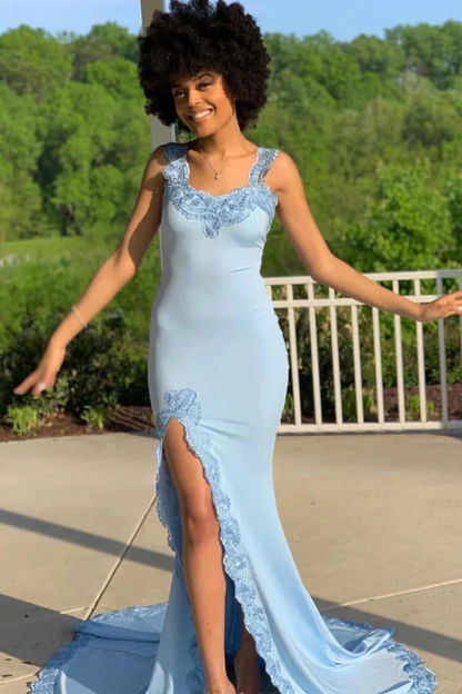 Robe de bal simple sans manches à bretelles spaghetti et fente latérale nv952