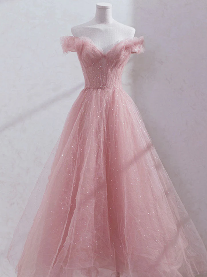 Rosa schulterfreies Tüll-Ballkleid in Teelänge, rosa Tüll-Hochzeits-Partykleider nv885